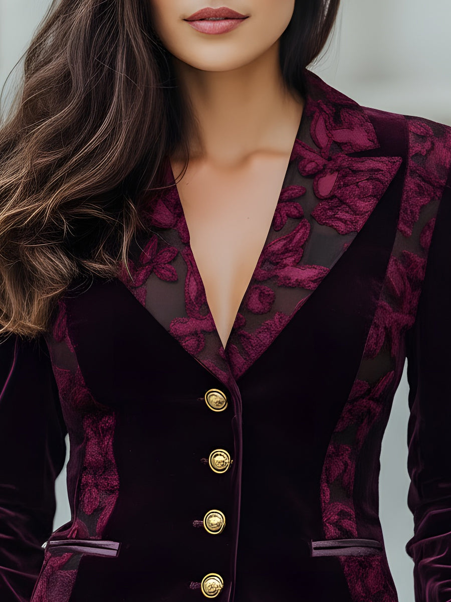 Floral Velvet with Sheer Jacquard Panels - Blazer