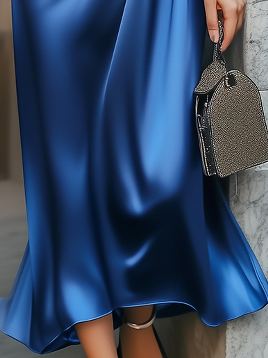 Sapphire Lace-Up Satin Evening - Midi Dress