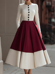Ivory & Burgundy Colorblock Button-Front - Midi Dress