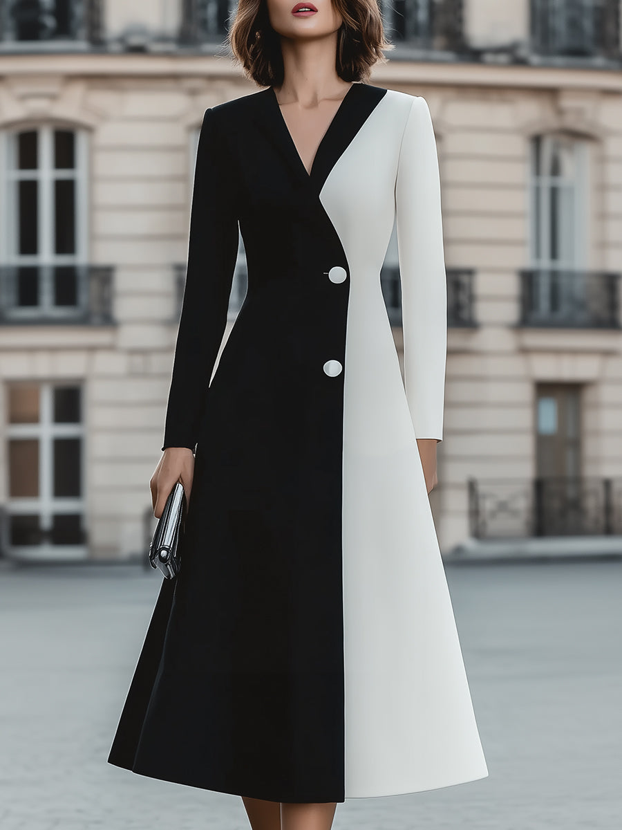 Chic Black & White Contrast Panel - Midi Dress