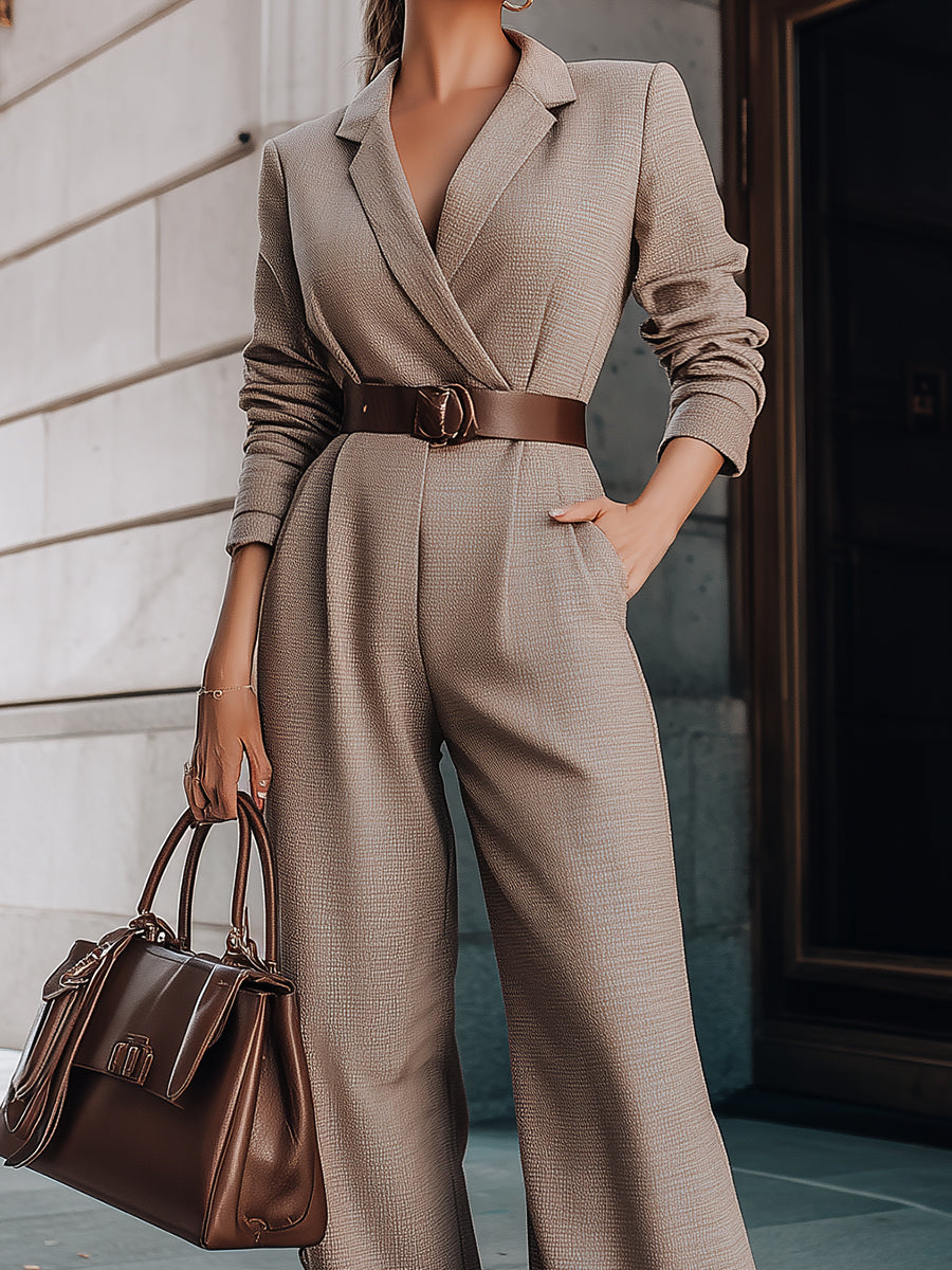 Taupe Tailored Blazer-Style Belted Wide-Leg - Jumpsuit