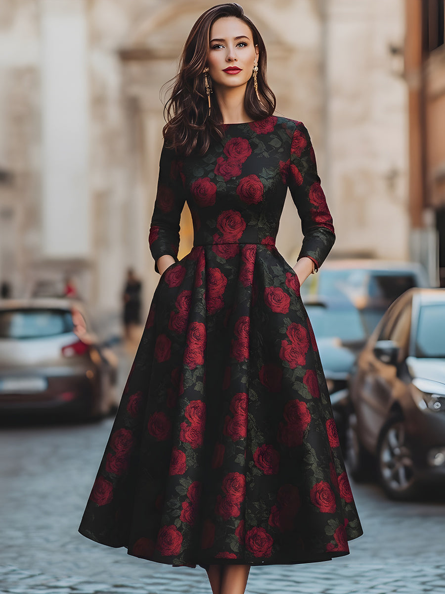 Elegant Jacquard Rose Print A-Line Silhouette - Midi Dress
