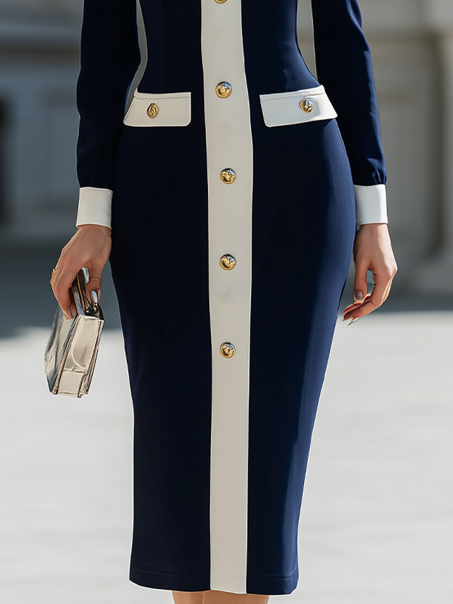 Navy & White Contrast Button-Front Shirt Dress - Midi Dress