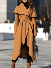 Camel Waterfall Drape Belted Waist - Long Coat