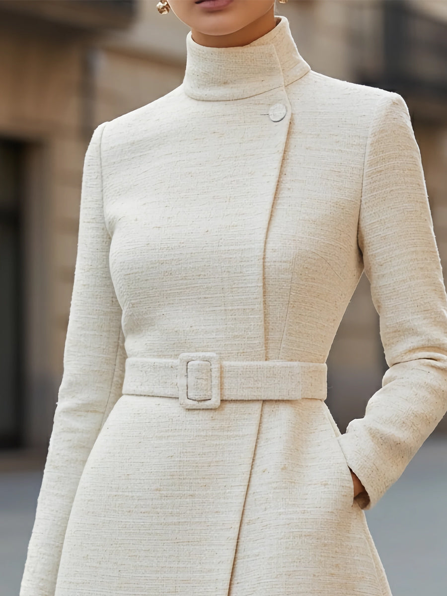 Elegant High-Neck Belted Wool-Blend - Midi Dress