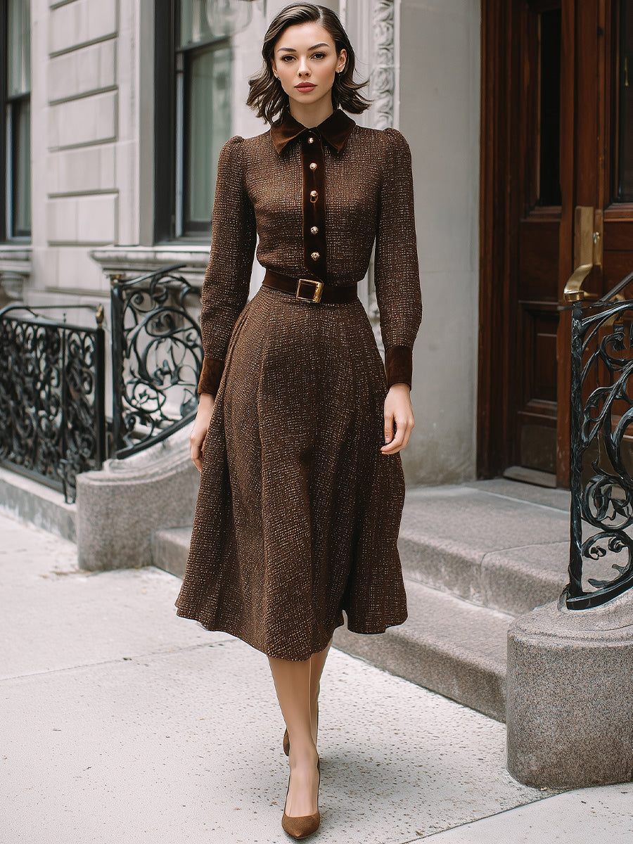 Chocolate Brown Velvet-Trim Belted Silhouette - Midi Dress
