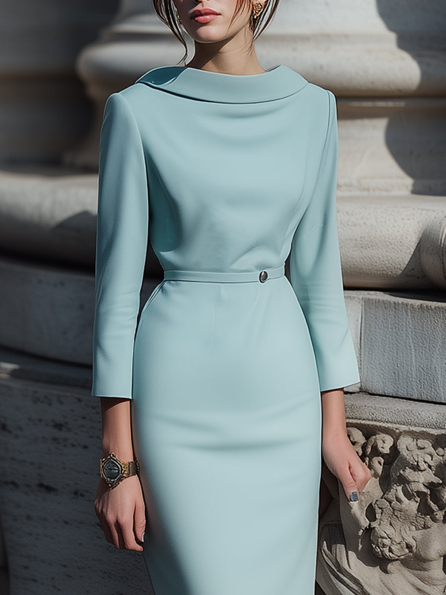 Powder Blue Draped Collar Pencil Cut - Midi Dress