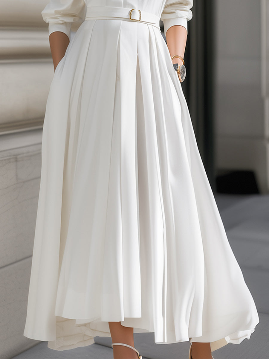Elegant Belted Shirt Dress with Pleated Skirt - Midi Dress