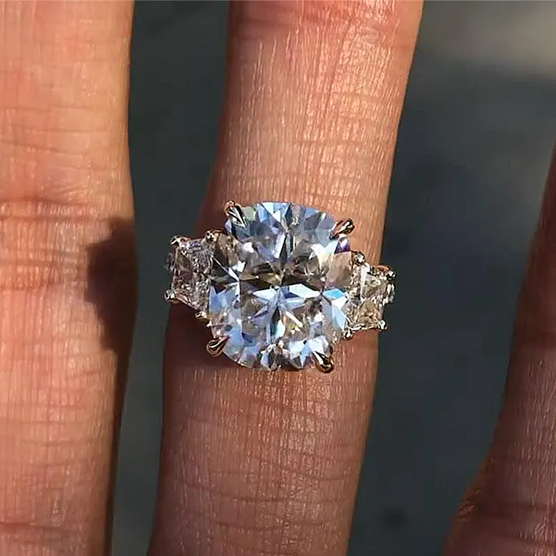 Golden Tone Cushion Cut Three Stone Engagement Ring In Sterling Silver shineofdiamond