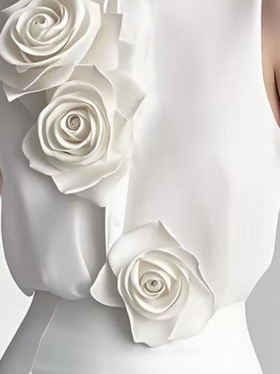 3D Rose Accent White Sleeveless Top - Blouse