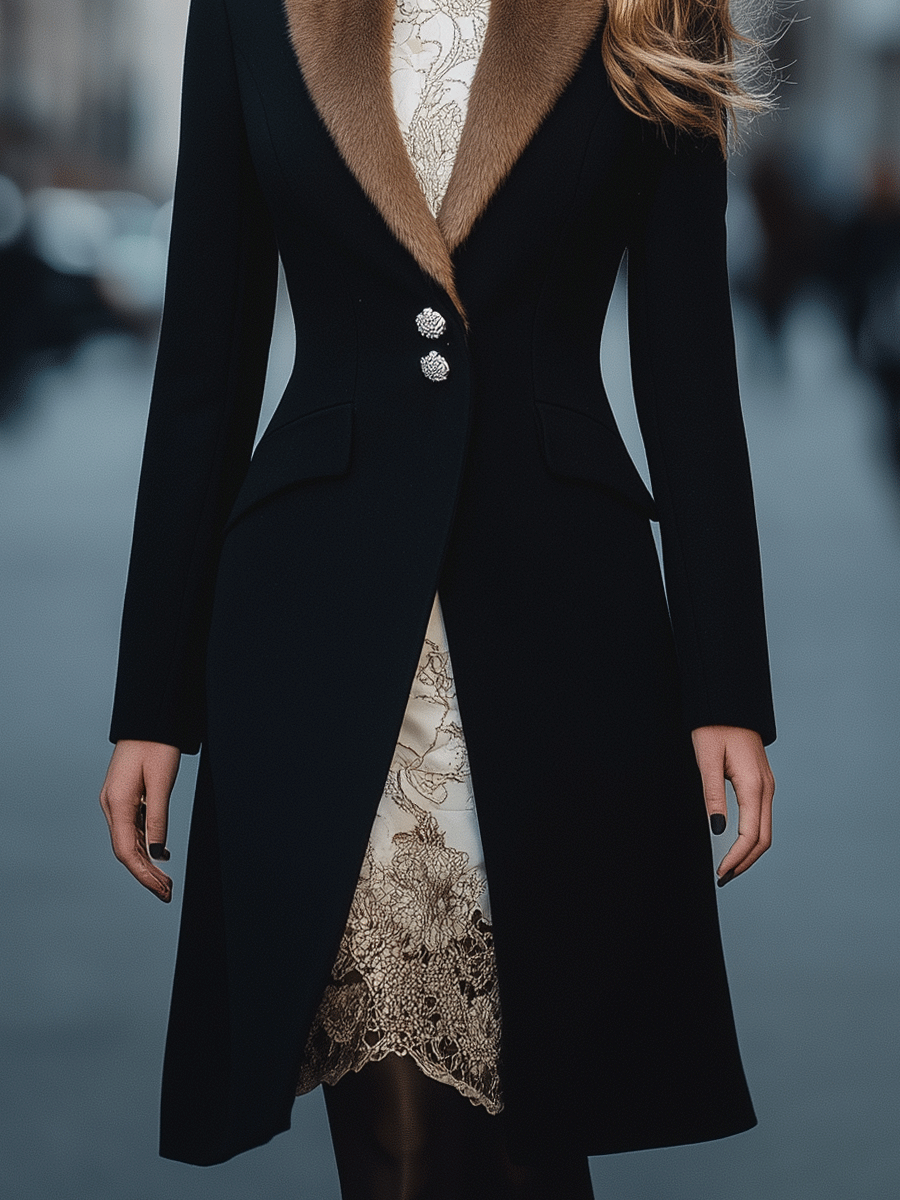 Black Longline Coat with Faux-Fur Collar & Crystal Buttons - Coat