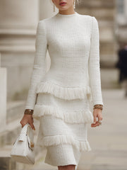 Ivory Tweed Fringe-Tiered Textured - Midi Dress