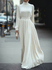 Elegant High-Neck Pleated White - Maxi Dress