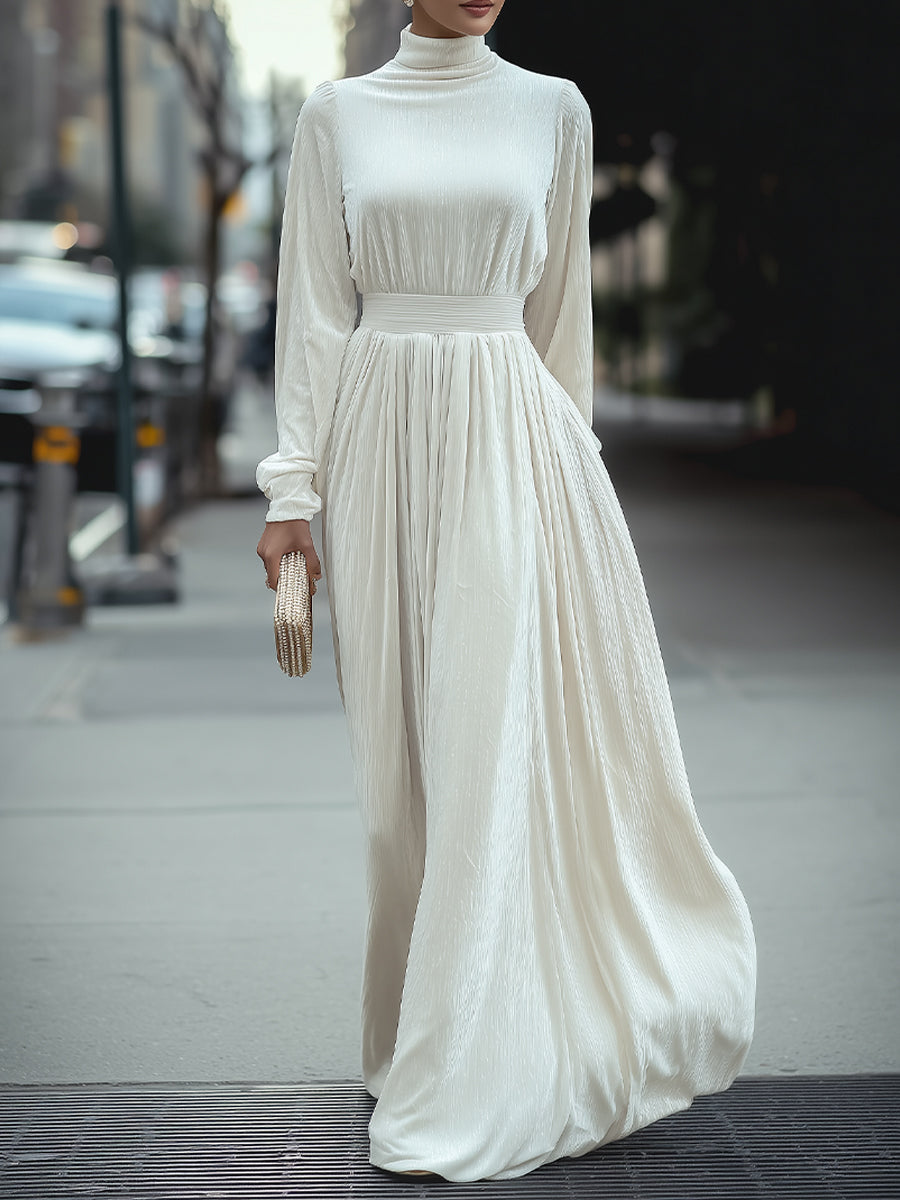 Elegant High-Neck Pleated White - Maxi Dress
