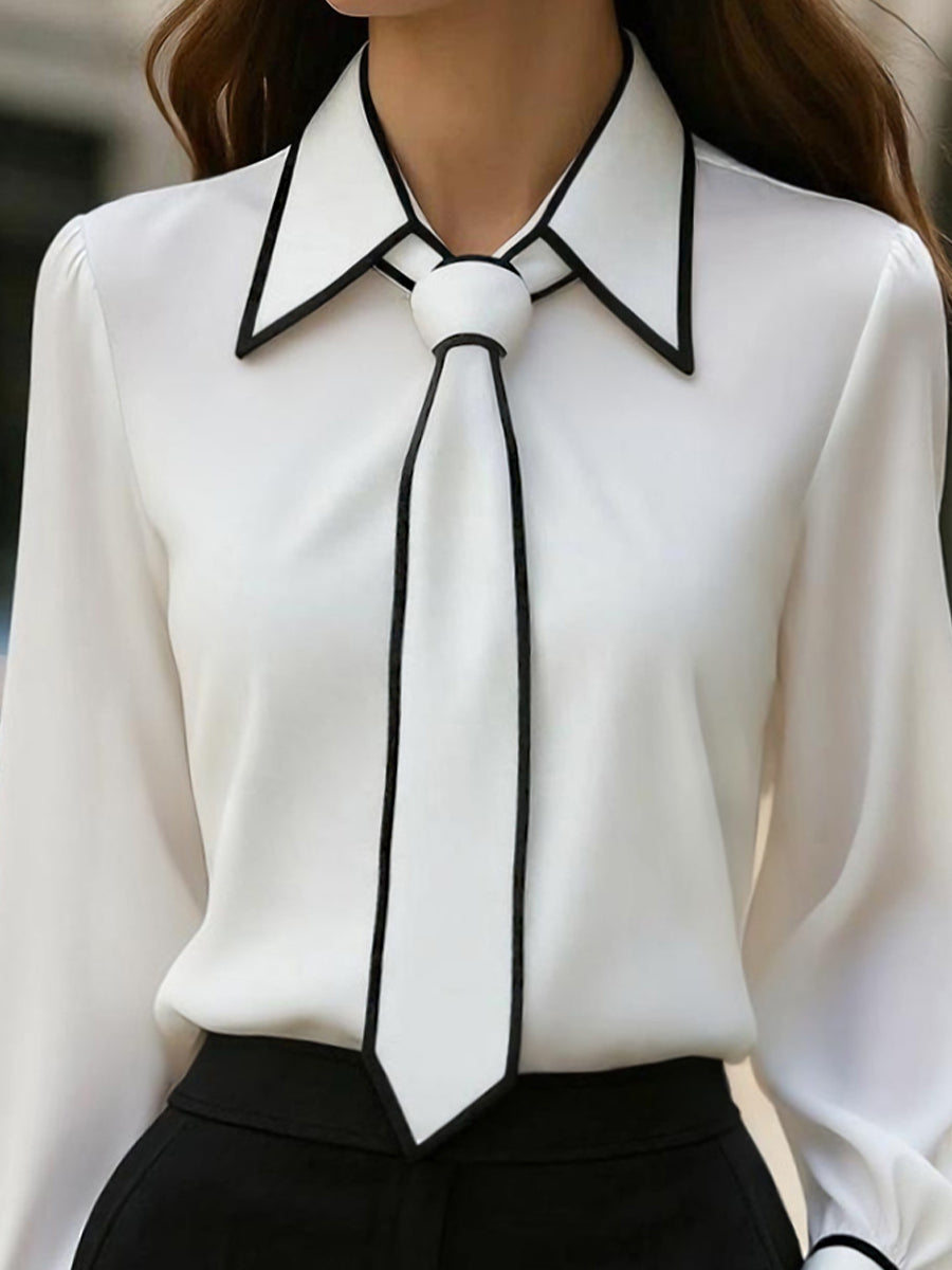 Women's Chic Contrast-Trim Tie-Neck Bow - Blouse
