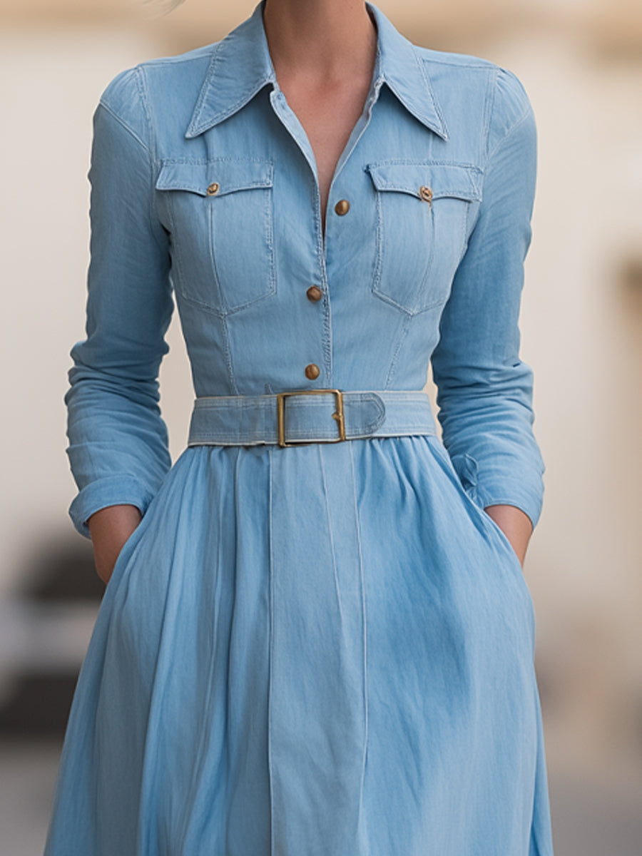 Classic Belted Denim Shirt Dress With Full Skirt - Midi Dress