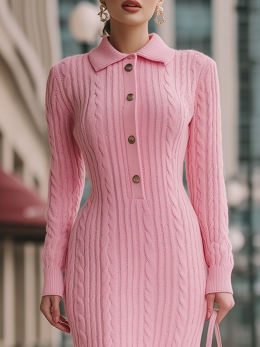 Sweet Pink Cable-Knit Polo Collar - Midi Dress