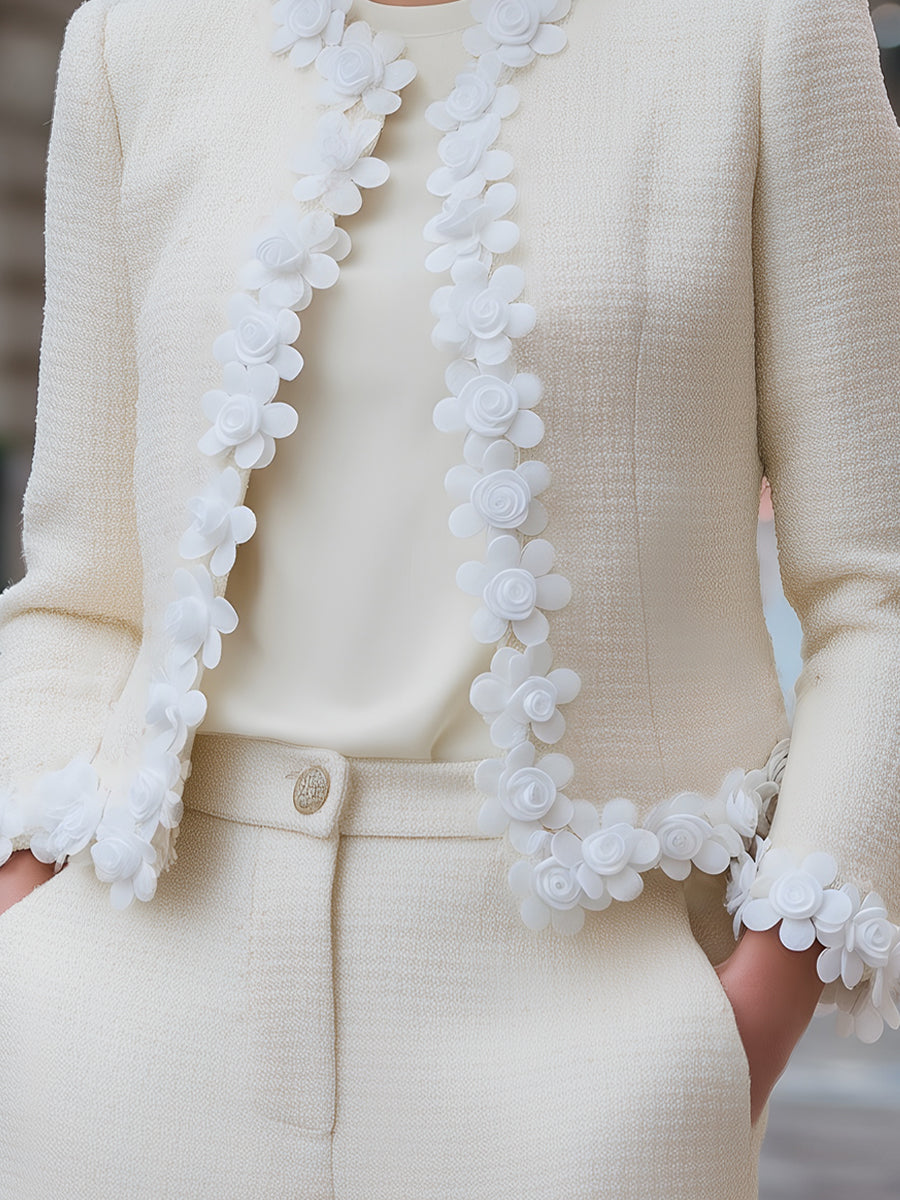 Tweed Jacket With 3D Floral Appliqué Trim - Jacket