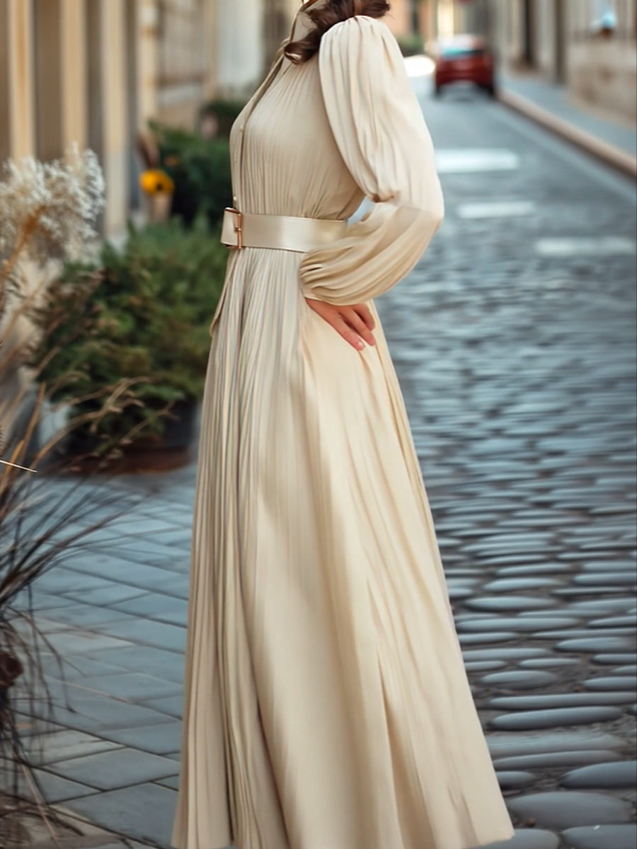 Vintage Ivory Pleated Belted Waist - Midi Dress
