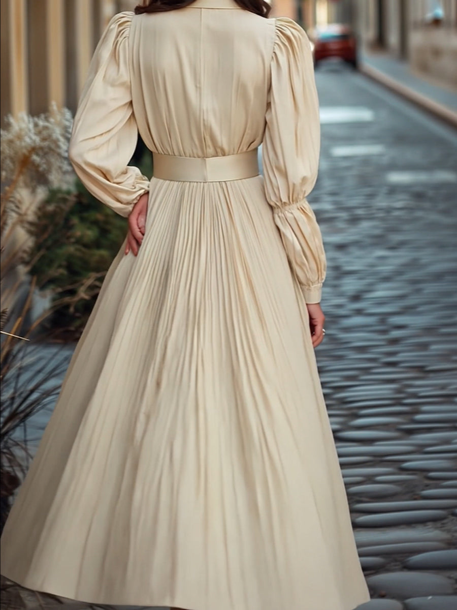 Vintage Ivory Pleated Belted Waist - Midi Dress