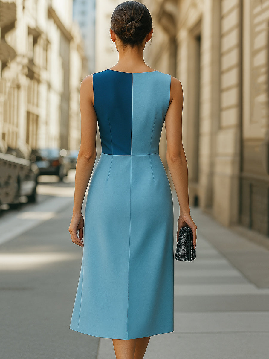 Ocean-Blue Colorblock Flowy Sundress - Midi Dress