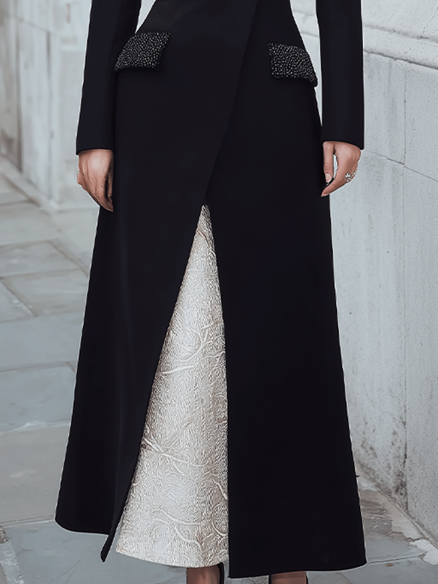Tailored Black Longline Blazer Dress with Embellished Pockets & Contrast Underdress - Midi Dress