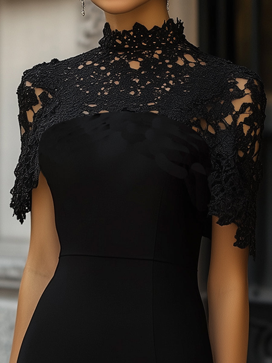 Elegant Black Lace Overlay - Cocktail Dress