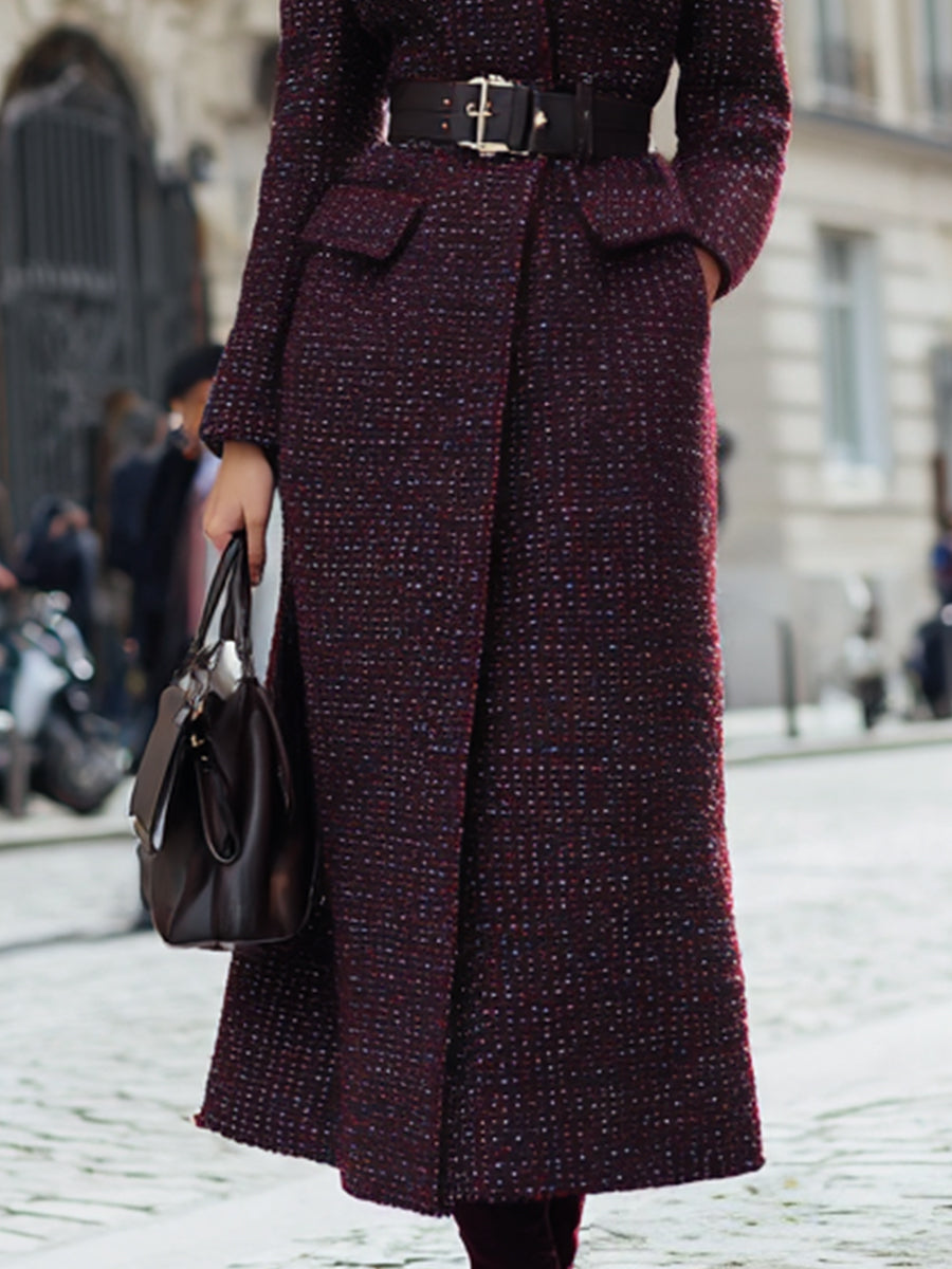 Burgundy Tweed With Faux Fur Collar And Belted Waist - Coat