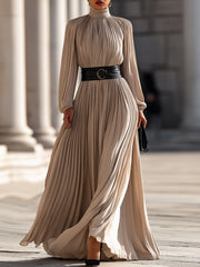 Pleated High-Neck Flowy Chiffon - Maxi Dress