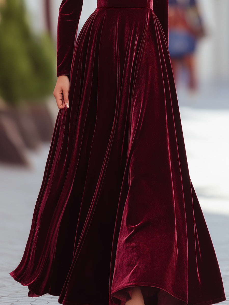 Elegant Burgundy Velvet Long-Sleeve Evening - Maxi Dress