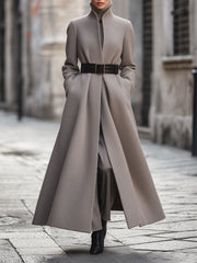 Women's Taupe High-Collar Belted Longline - Coat