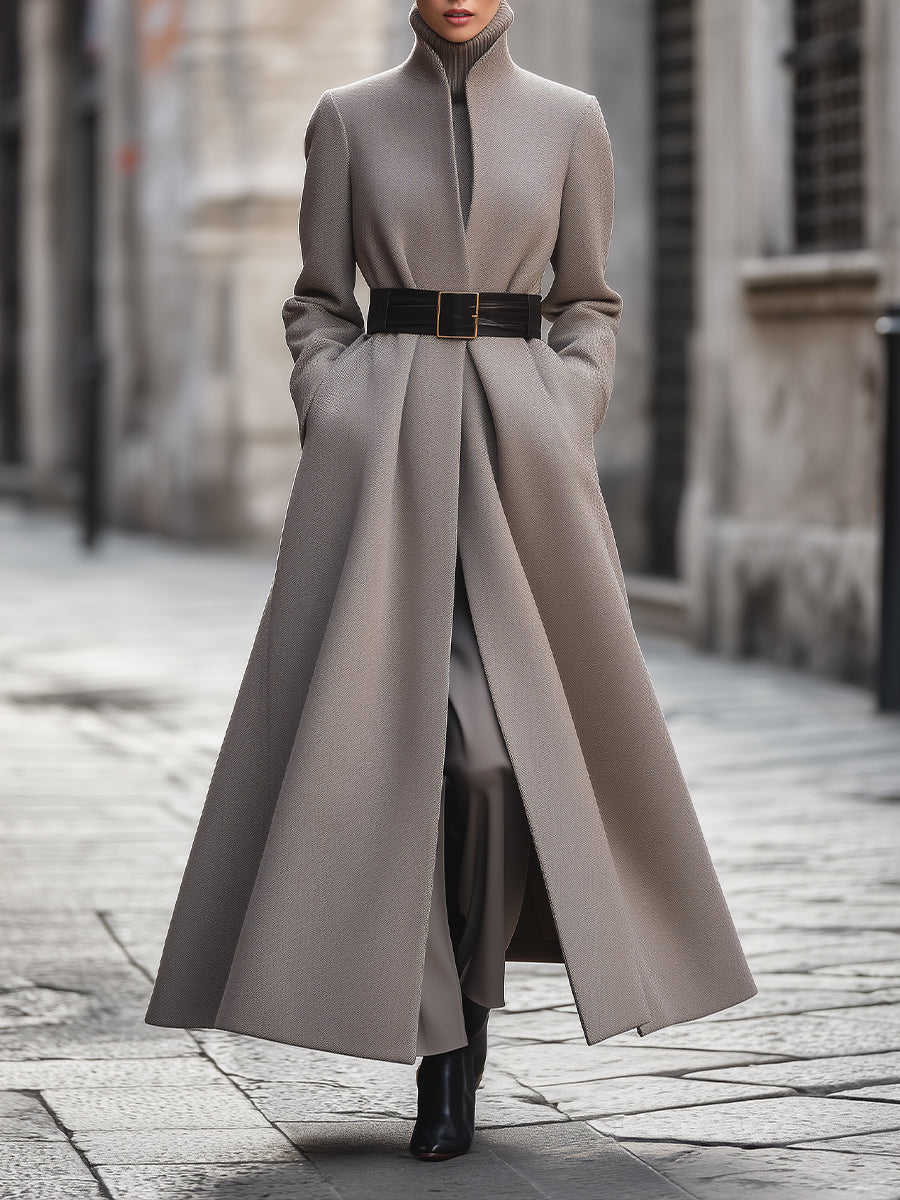 Women's Taupe High-Collar Belted Longline - Coat