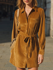 Camel Velvet Button-Front Shirt Dress - Mini Dress