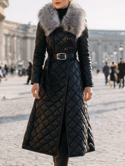 Black Quilted Coat With Faux Fur Collar & Belted Waist - Women's Coat