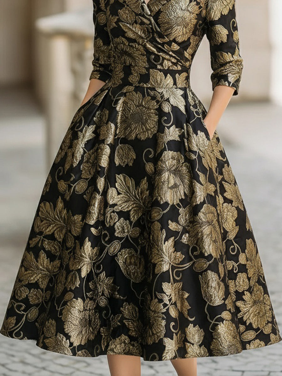 Black and Gold Jacquard Floral Metallic Detail - Midi Dress