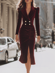 Burgundy Velvet Double-Breasted Tailored Silhouette - Midi Dress