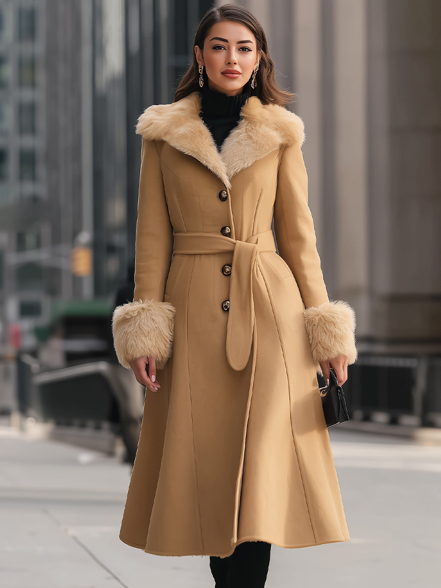 Chic Camel Colored Faux Fur Trim - Trench Coat