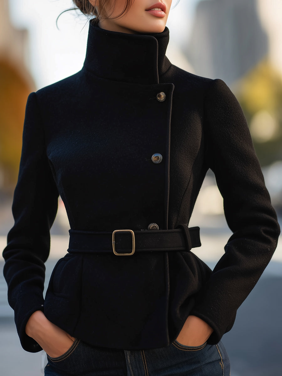 Elegant Black Belted Wool-Blend Tailored - Coat
