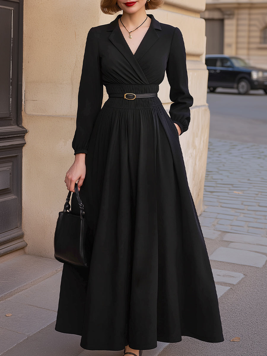 Long-Sleeve A-Line Belted Waist Flowy Maxi - Maxi Dress