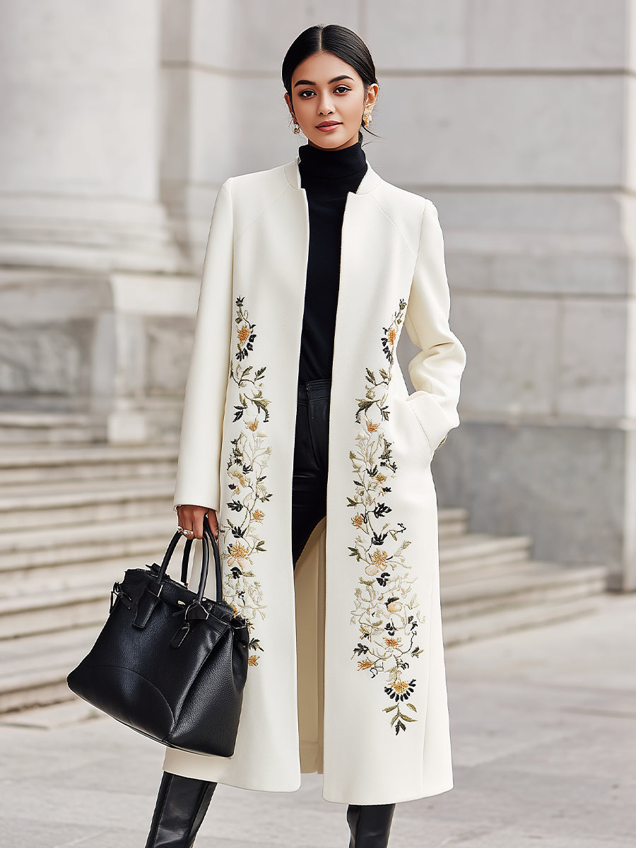 Ivory Embroidered Longline Silhouette - Longline Coat