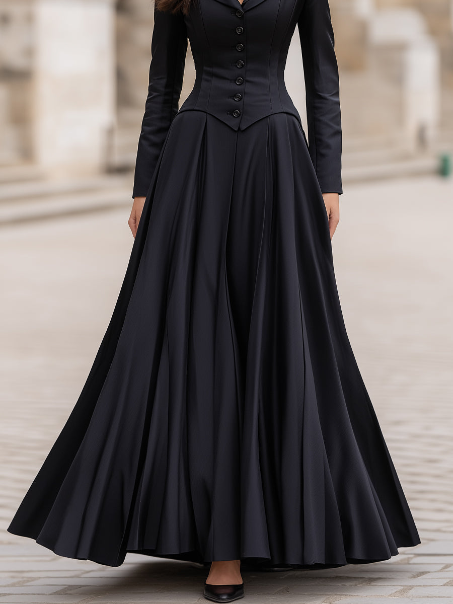 Elegant Tailored Waist Long-Sleeve Fitted Silhouette - Maxi Dress