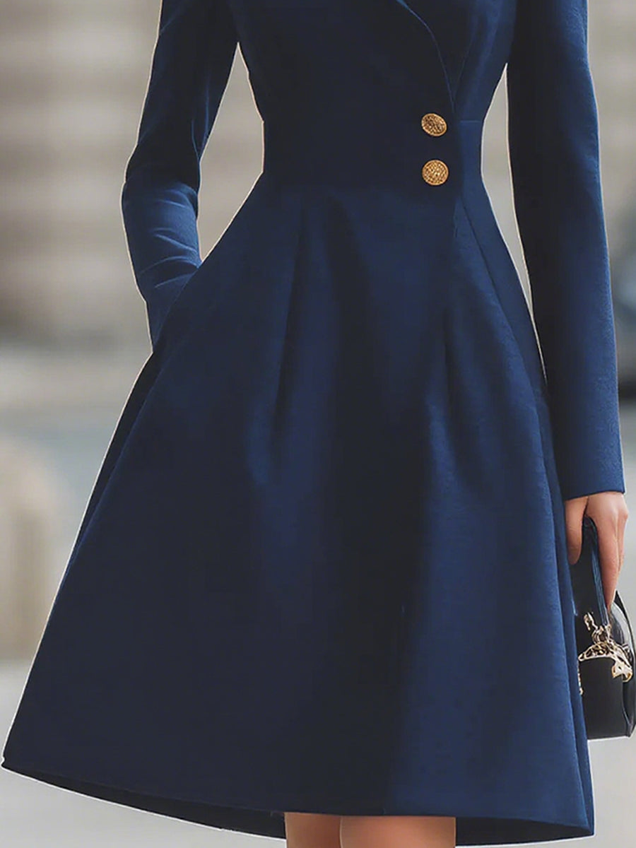 Elegant Navy Blue Tailored-Fit Flared Coat Dress - Midi Dress
