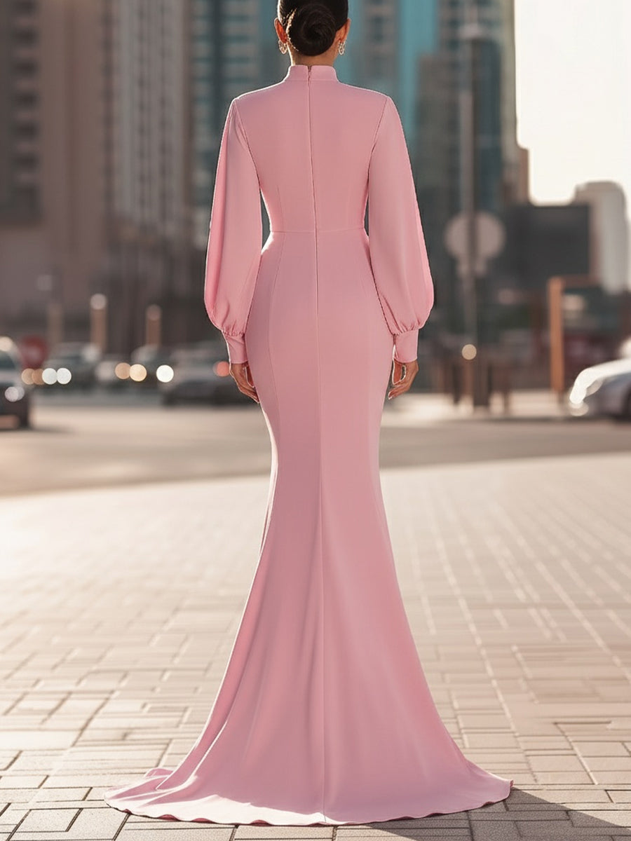 Blush Pink High‑Neck Mermaid Silhouette With Balloon Sleeves - Maxi Dress