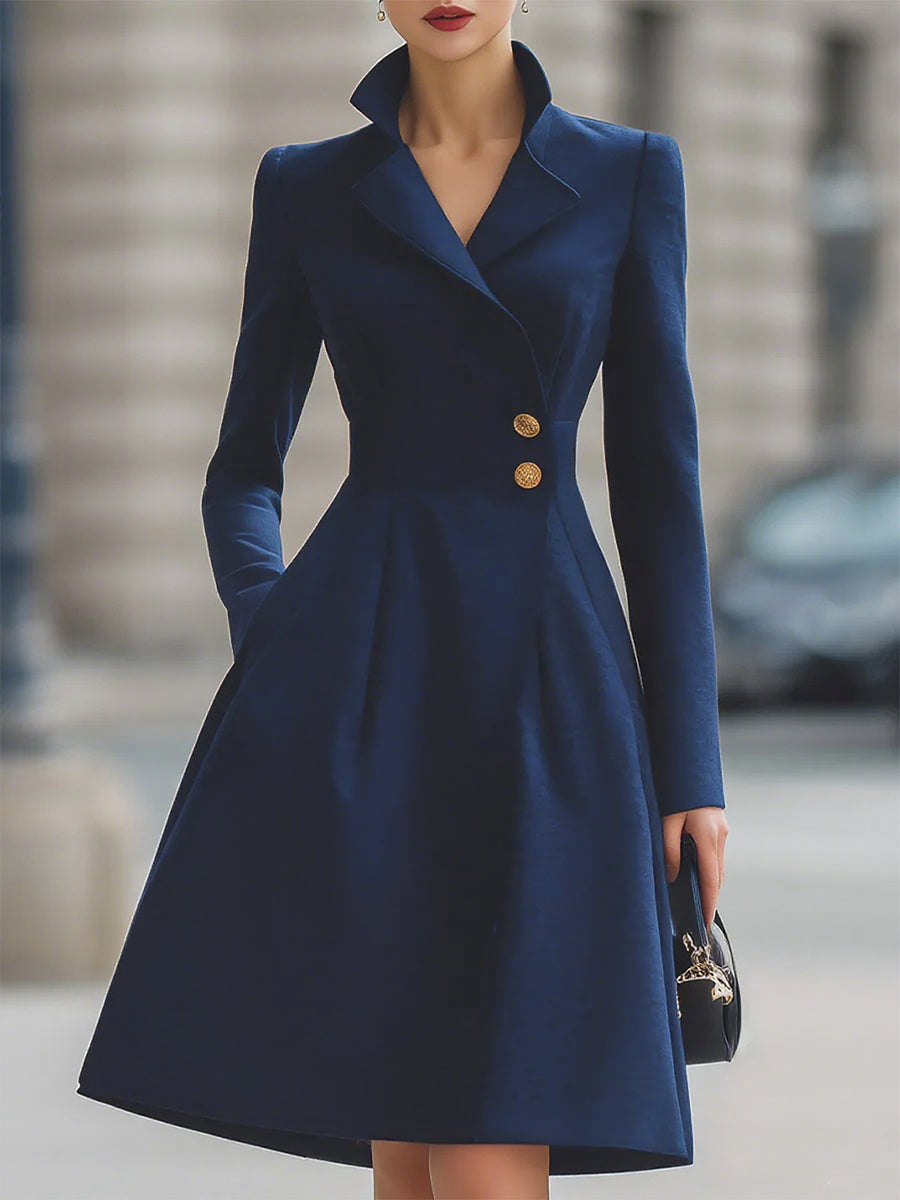 Elegant Navy Blue Tailored-Fit Flared Coat Dress - Midi Dress