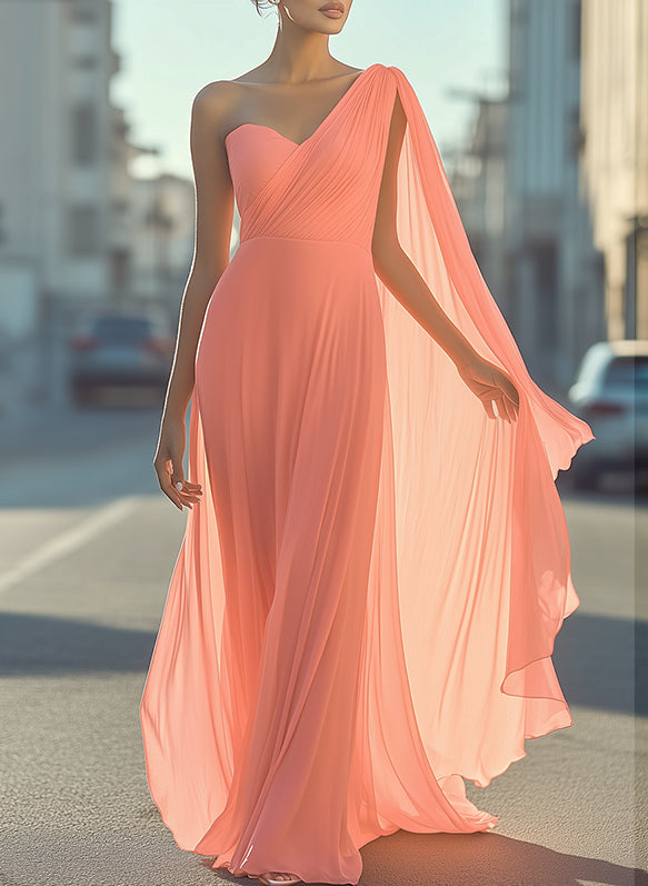 Ethereal One-Shoulder Chiffon Draped - Maxi Dress