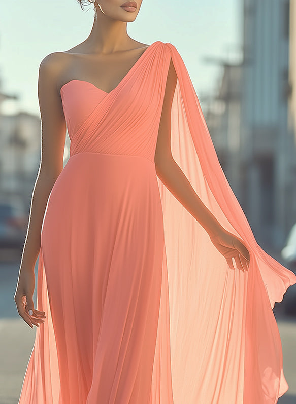 Ethereal One-Shoulder Chiffon Draped - Maxi Dress