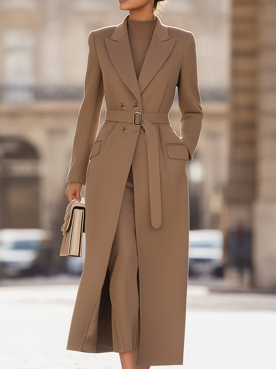 Women's Chic Belted Long Camel Coat - Coat