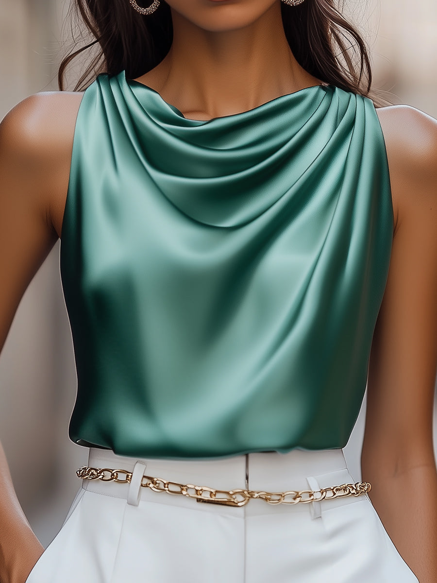 Teal Satin Drape Neck - Women's Blouse