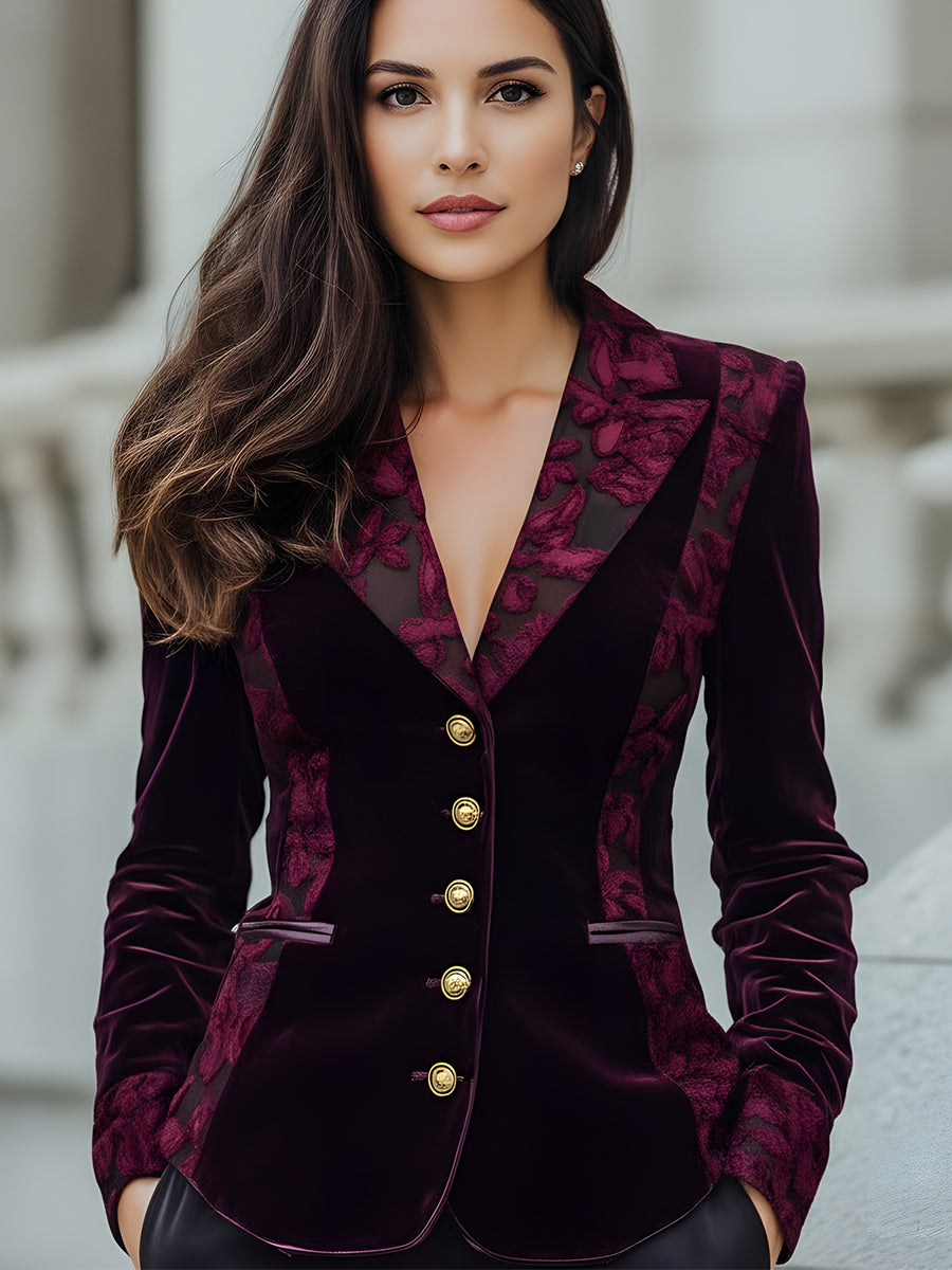Floral Velvet with Sheer Jacquard Panels - Blazer
