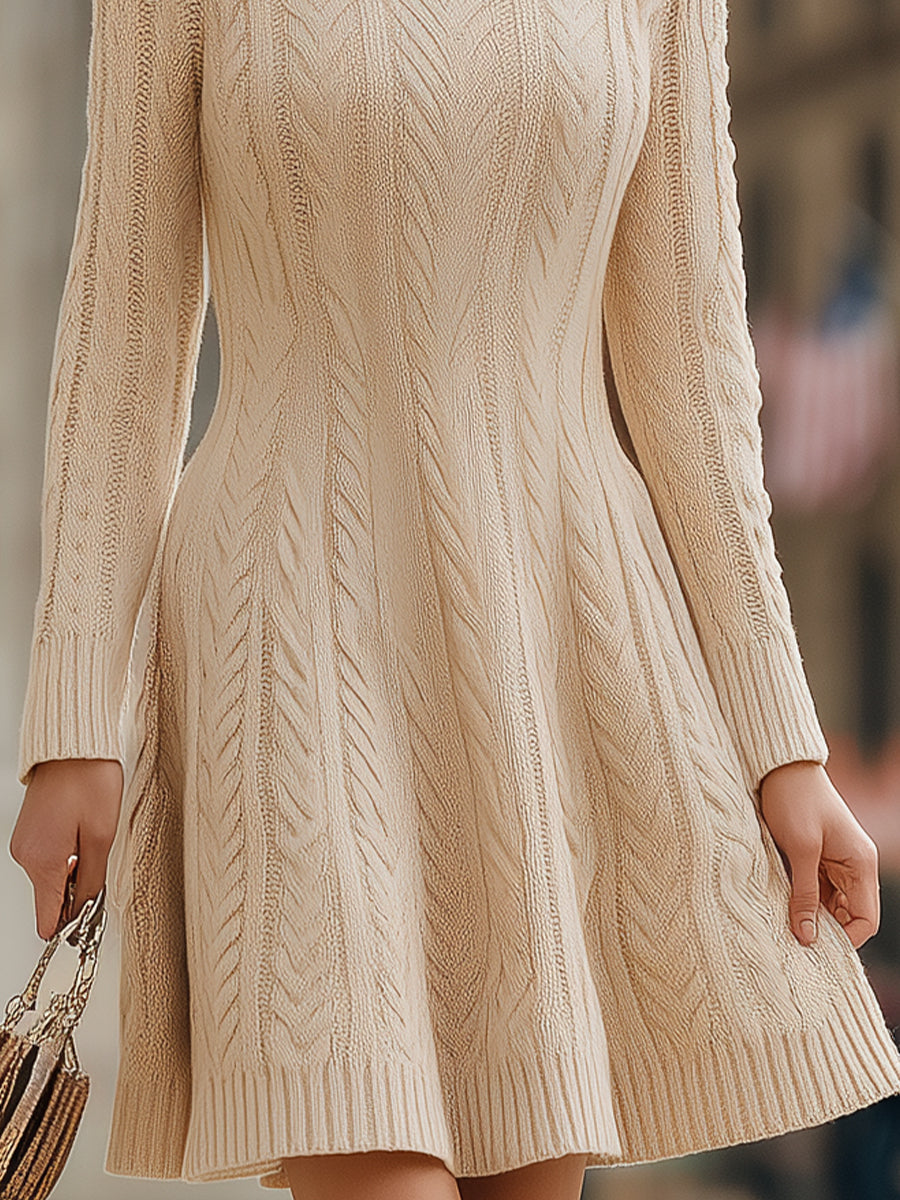 Cozy Chunky Cable-Knit Turtleneck Long Sleeve - Sweater Dress